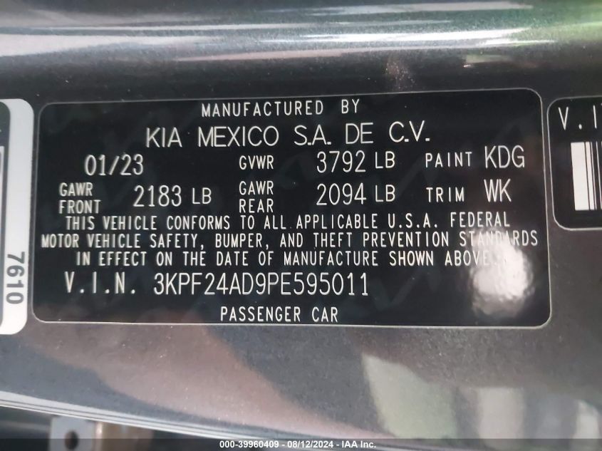 2023 Kia Forte Lxs VIN: 3KPF24AD9PE595011 Lot: 39960409