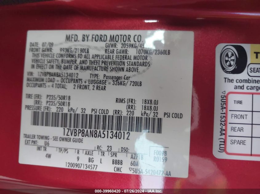 2010 Ford Mustang V6 Premium VIN: 1ZVBP8AN8A5134012 Lot: 39960420