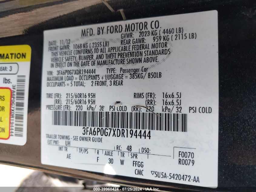 2013 Ford Fusion S VIN: 3FA6P0G7XDR194444 Lot: 39960424