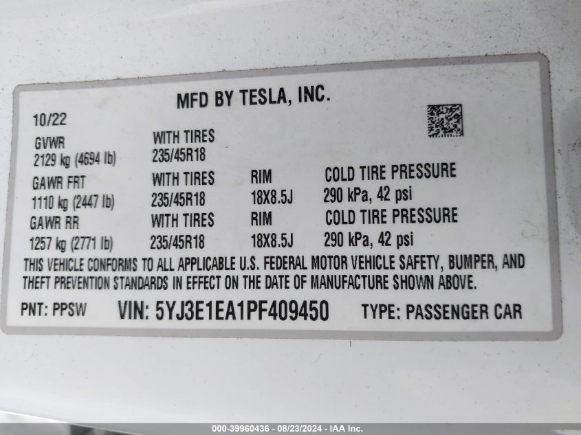 2023 Tesla Model 3 Rear-Wheel Drive VIN: 5YJ3E1EA1PF409450 Lot: 39960436