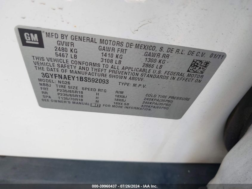 2011 Cadillac Srx Luxury Collection VIN: 3GYFNAEY1BS592093 Lot: 39960437