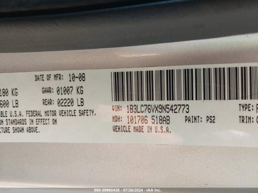 2009 Dodge Avenger R/T VIN: 1B3LC76VX9N542773 Lot: 39960438