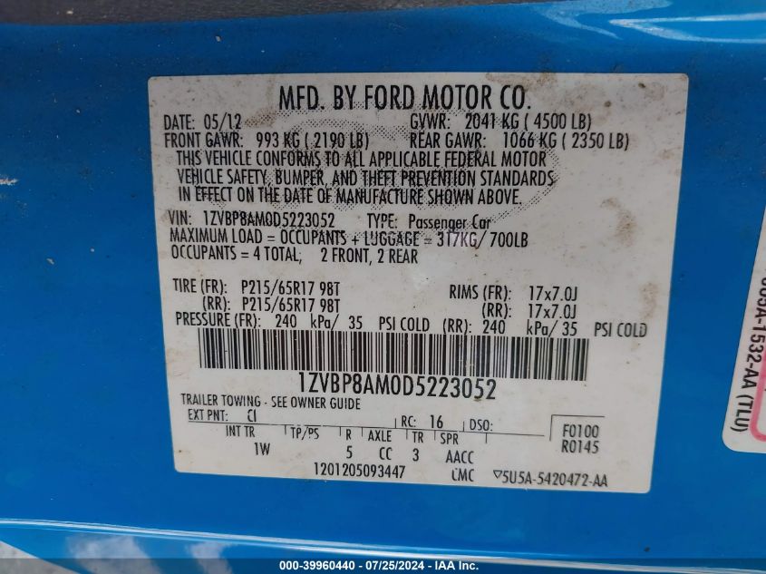 2013 Ford Mustang V6 VIN: 1ZVBP8AM0D5223052 Lot: 39960440