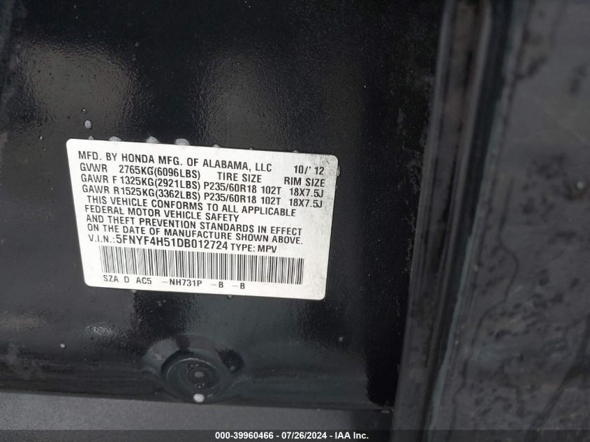 2013 Honda Pilot Ex-L VIN: 5FNYF4H51DB012724 Lot: 39960466