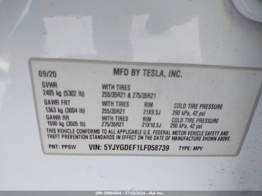 2020 Tesla Model Y Long Range Dual Motor All-Wheel Drive/Performance Dual Motor All-Wheel Drive VIN: 5YJYGDEF1LF058739 Lot: 39960504