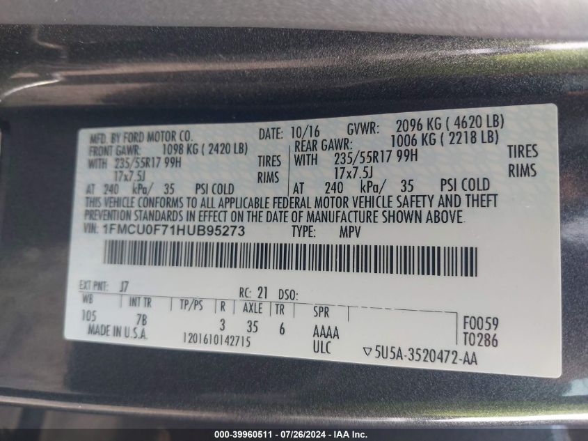 2017 Ford Escape S VIN: 1FMCU0F71HUB95273 Lot: 39960511