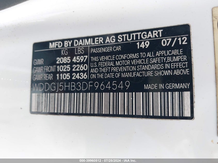 2013 Mercedes-Benz C 350 Sport VIN: WDDGJ5HB3DF964549 Lot: 39960512