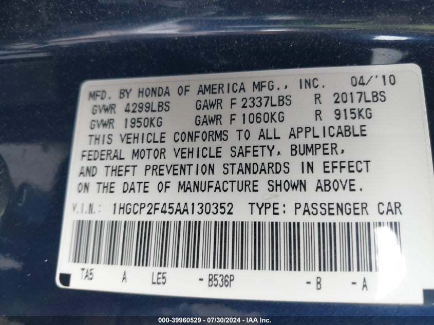 2010 Honda Accord 2.4 Lx-P VIN: 1HGCP2F45AA130352 Lot: 39960529