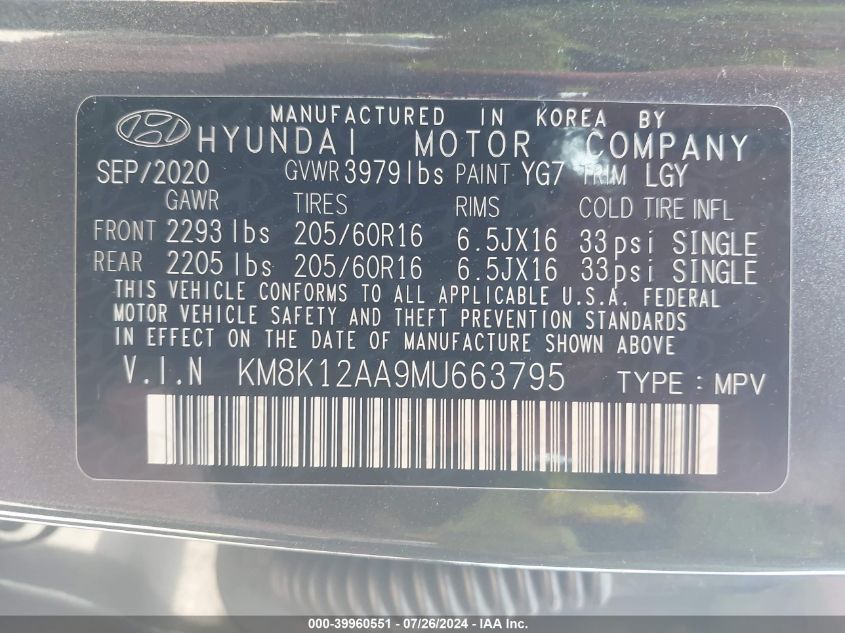 2021 Hyundai Kona Se VIN: KM8K12AA9MU663795 Lot: 39960551