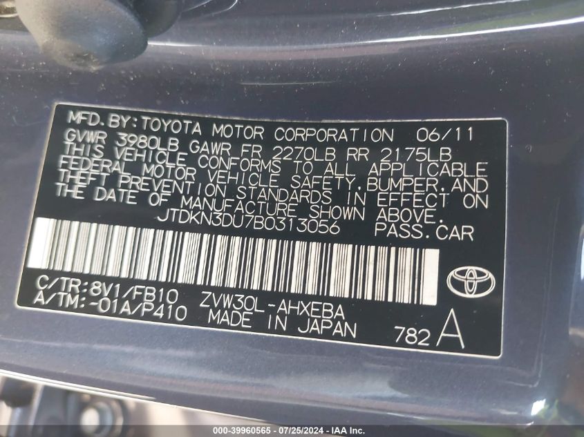 2011 Toyota Prius Five/Four/One/Three/Two VIN: JTDKN3DU7B0313056 Lot: 39960565