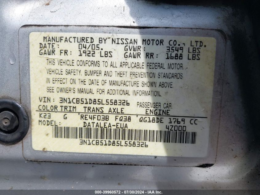 2005 Nissan Sentra 1.8S VIN: 3N1CB51D85L558326 Lot: 39960572