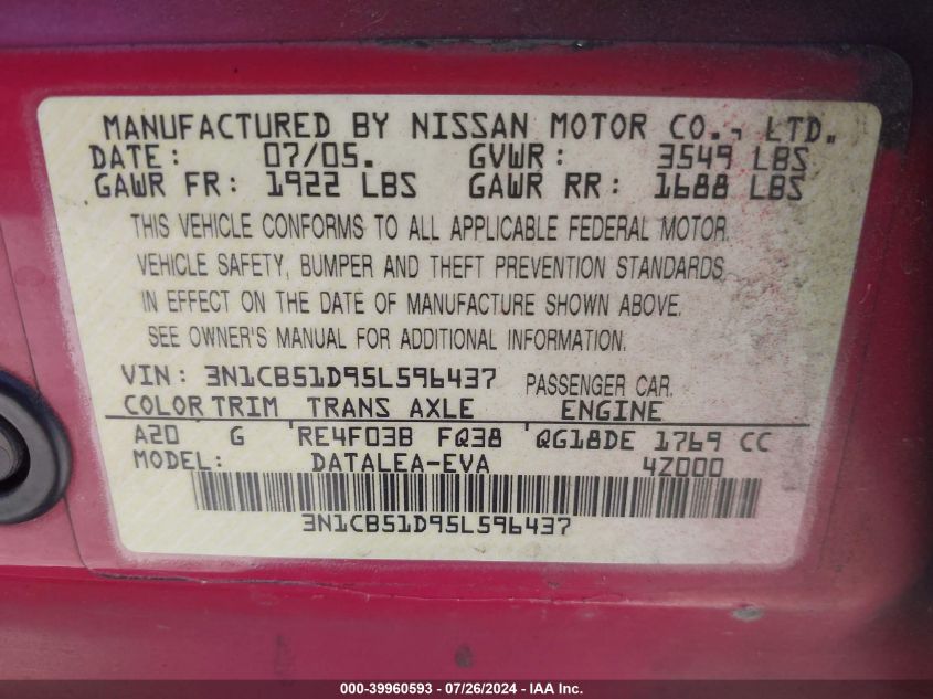 2005 Nissan Sentra 1.8S VIN: 3N1CB51D95L596437 Lot: 39960593