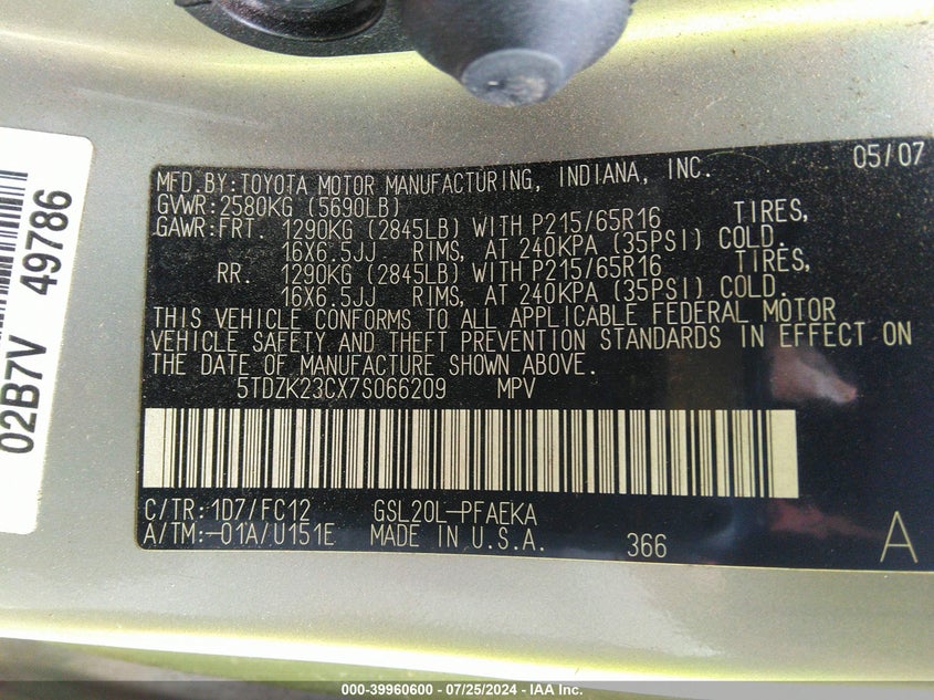 2007 Toyota Sienna Le VIN: 5TDZK23CX7S066209 Lot: 39960600