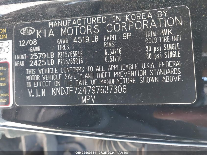 2009 Kia Sportage Lx VIN: KNDJF724797637306 Lot: 39960611