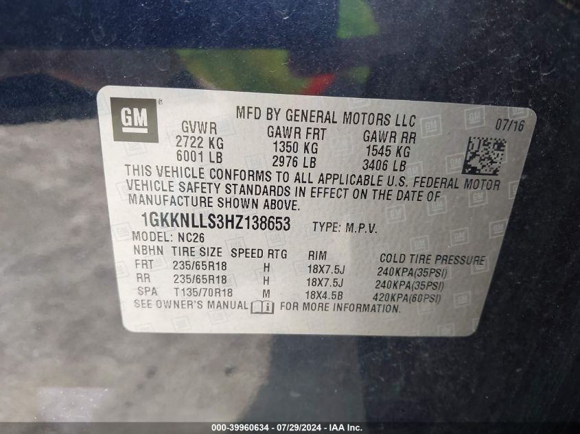 1GKKNLLS3HZ138653 2017 GMC Acadia Sle