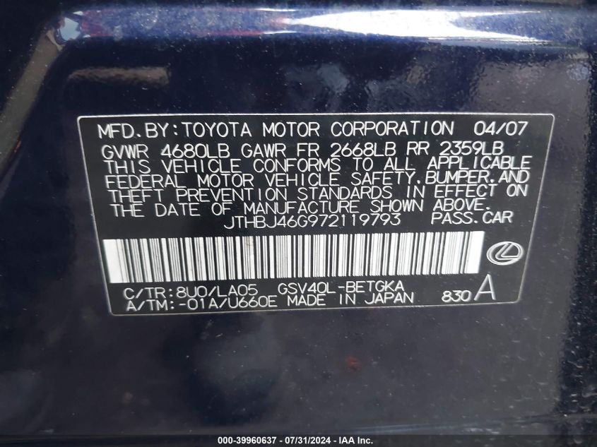 2007 Lexus Es 350 VIN: JTHBJ46G972119793 Lot: 39960637