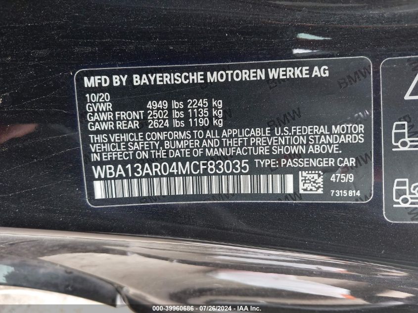 2021 BMW M440I xDrive VIN: WBA13AR04MCF83035 Lot: 39960686