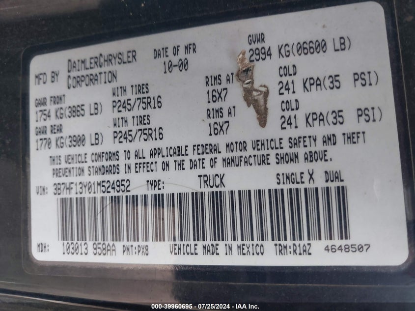 2001 Dodge Ram 1500 VIN: 3B7HF13Y01M524952 Lot: 39960695