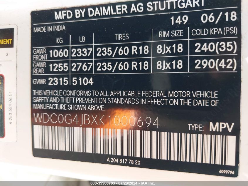 WDC0G4JBXK1000694 2019 Mercedes-Benz Glc 300