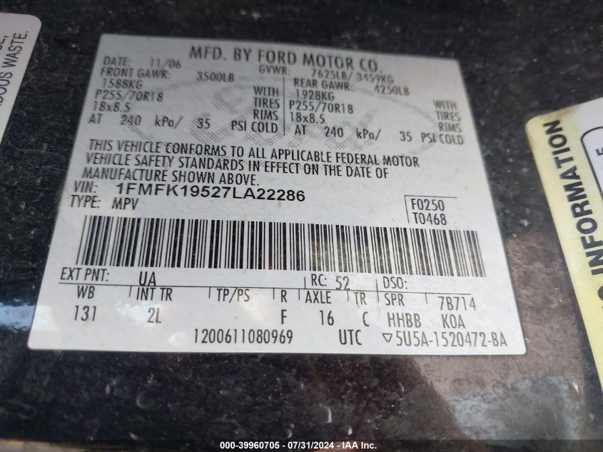 2007 Ford Expedition El El Limited VIN: 1FMFK19527LA22286 Lot: 39960705