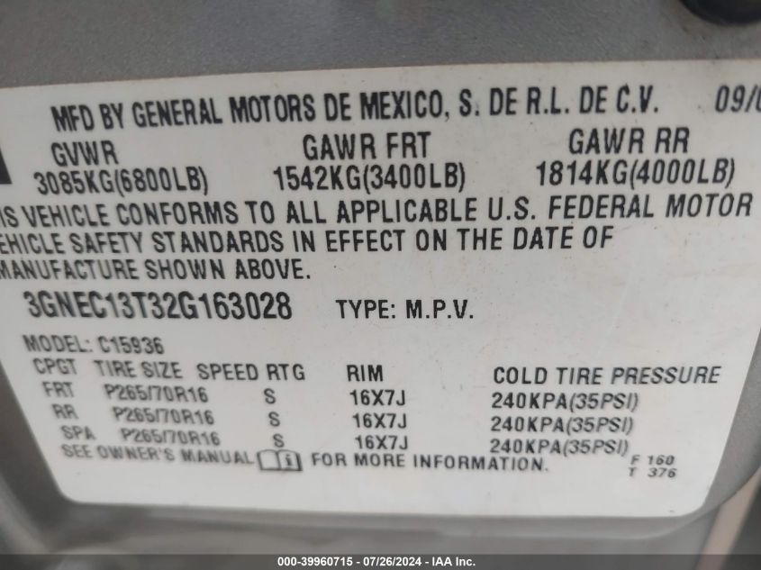 2002 Chevrolet Avalanche 1500 VIN: 3GNEC13T32G163028 Lot: 39960715