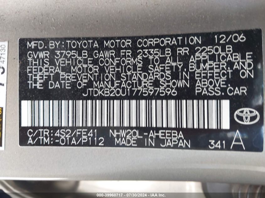 2007 Toyota Prius VIN: JTDKB20U177597596 Lot: 39960717