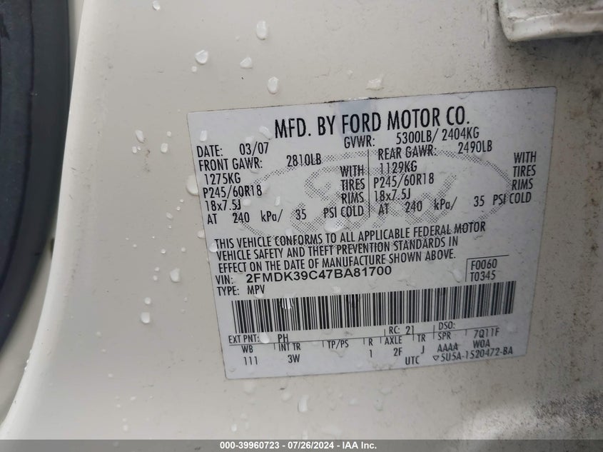 2007 Ford Edge Sel Plus VIN: 2FMDK39C47BA81700 Lot: 39960723