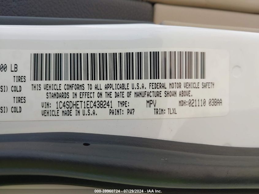 2014 Dodge Durango Citadel VIN: 1C4SDHET1EC438241 Lot: 39960724
