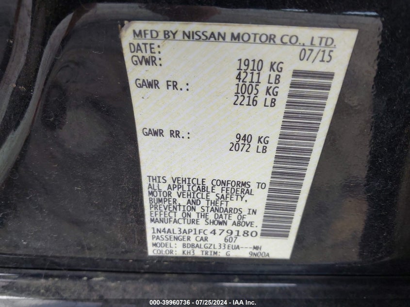 1N4AL3AP1FC479180 2015 Nissan Altima 2.5 S