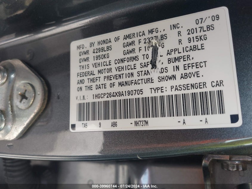 2009 Honda Accord 2.4 Lx-P VIN: 1HGCP264X9A190705 Lot: 39960744