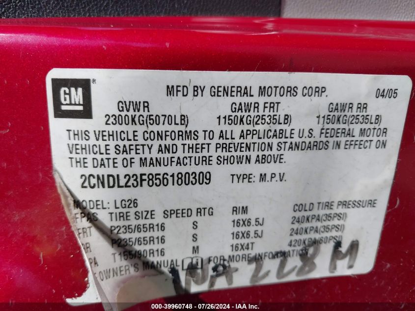 2005 Chevrolet Equinox Ls VIN: 2CNDL23F856180309 Lot: 39960748