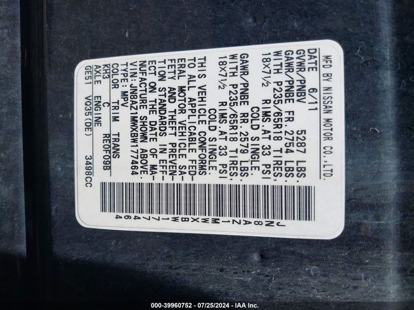 2011 Nissan Murano Sv VIN: JN8AZ1MWXBW177464 Lot: 39960752