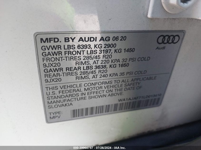 2020 Audi Q7 Premium VIN: WA1AJAF71LD013410 Lot: 39960757