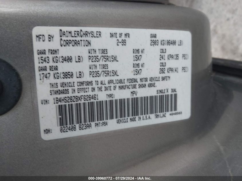 1999 Dodge Durango VIN: 1B4HS28Z8XF626461 Lot: 39960772