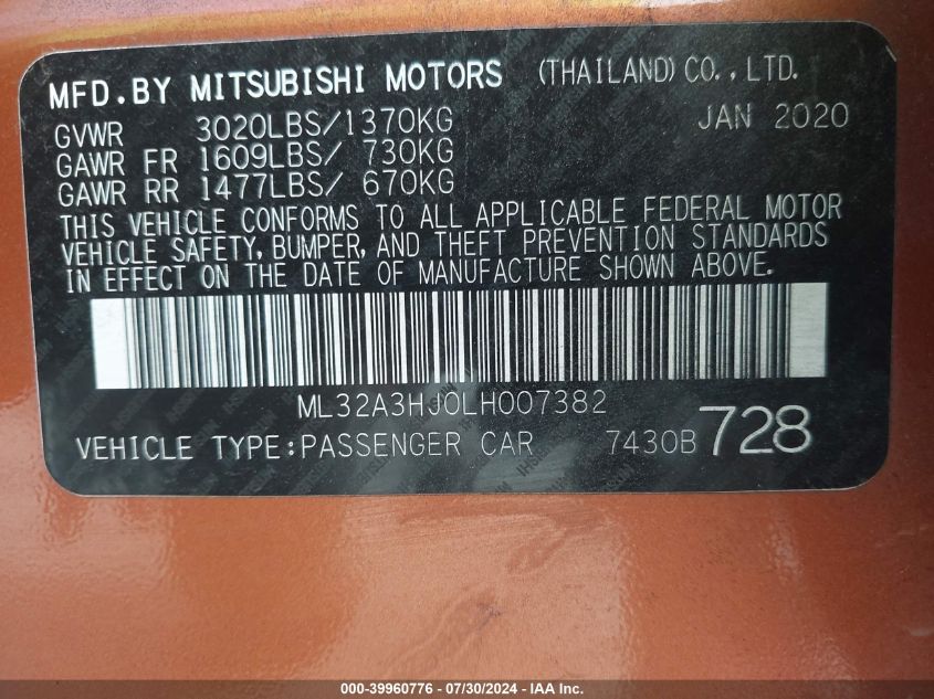 2020 Mitsubishi Mirage Se VIN: ML32A3HJ0LH007382 Lot: 39960776