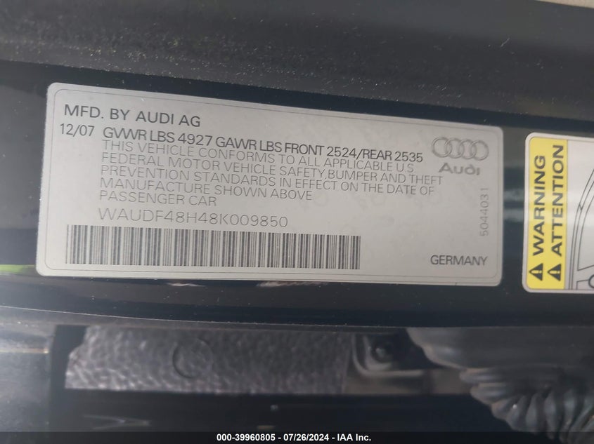 2008 Audi A4 2.0T VIN: WAUDF48H48K009850 Lot: 39960805