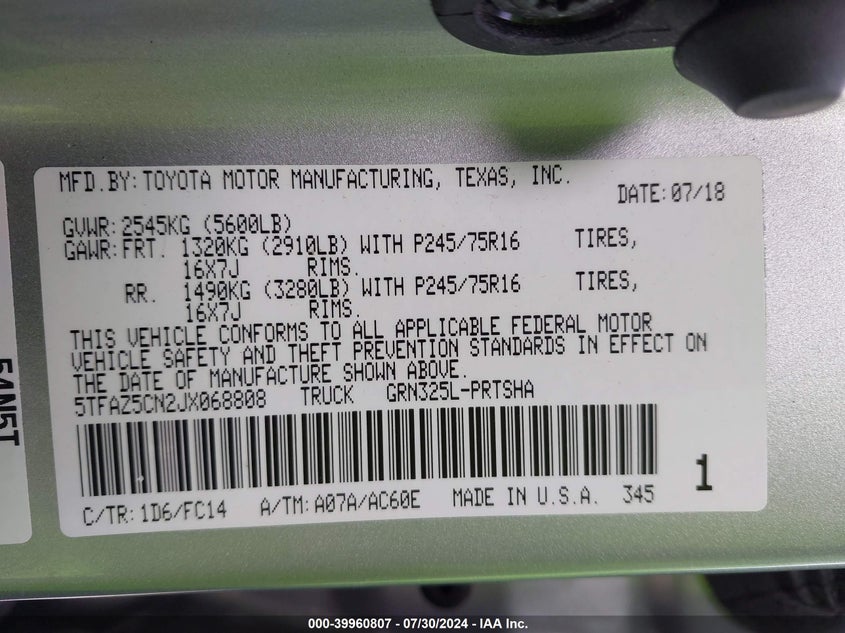 2018 TOYOTA TACOMA SR5 V6 - 5TFAZ5CN2JX068808