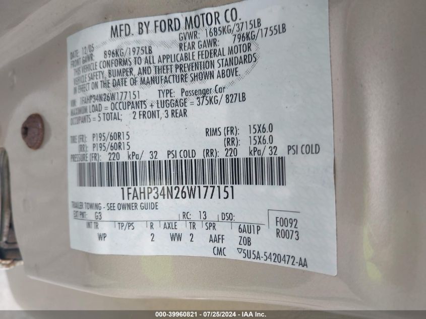 1FAHP34N26W177151 | 2006 FORD FOCUS