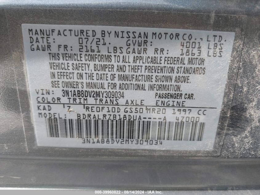 2021 Nissan Sentra Sr Xtronic Cvt VIN: 3N1AB8DV2MY309034 Lot: 39960822