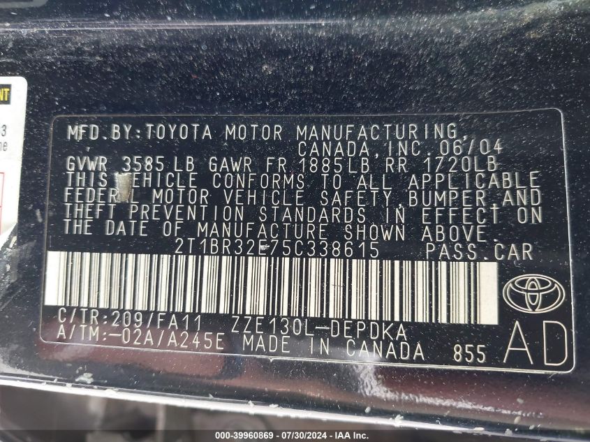 2005 Toyota Corolla Ce/Le/S VIN: 2T1BR32E75C338615 Lot: 39960869