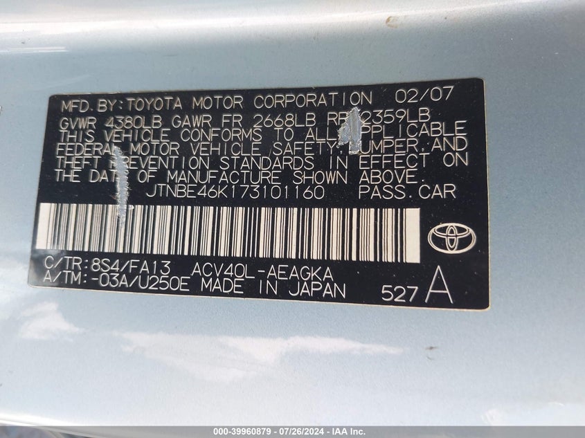 2007 Toyota Camry Xle VIN: JTNBE46K173101160 Lot: 39960879