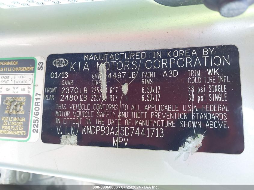 2013 Kia Sportage Lx VIN: KNDPB3A25D7441713 Lot: 39960886