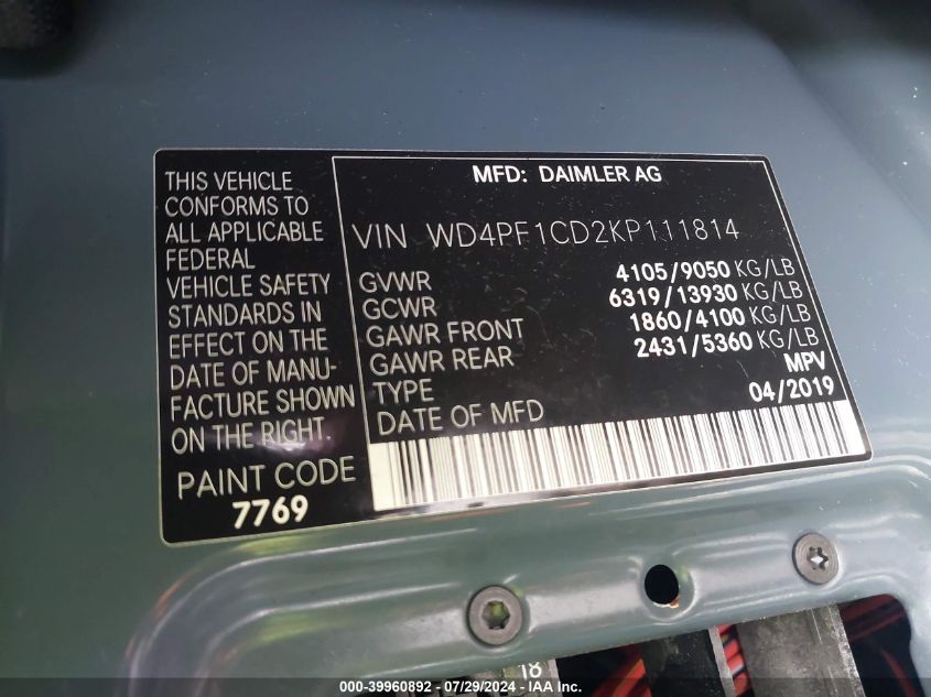 VIN WD4PF1CD2KP111814 2019 MERCEDES-BENZ SPRINTER 2500 2500/3500