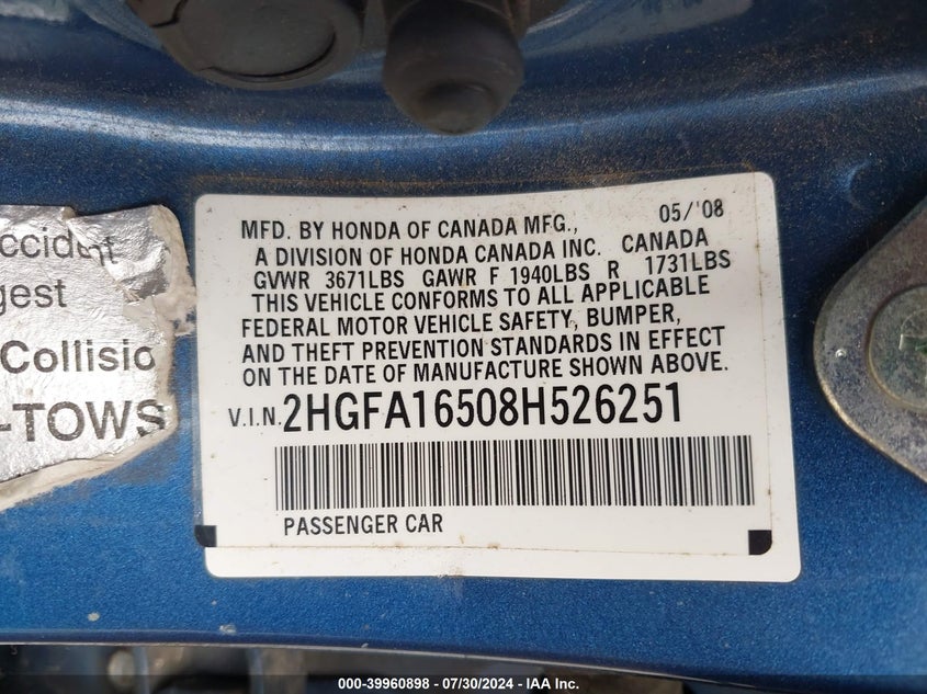 2008 Honda Civic Lx VIN: 2HGFA16508H526251 Lot: 39960898