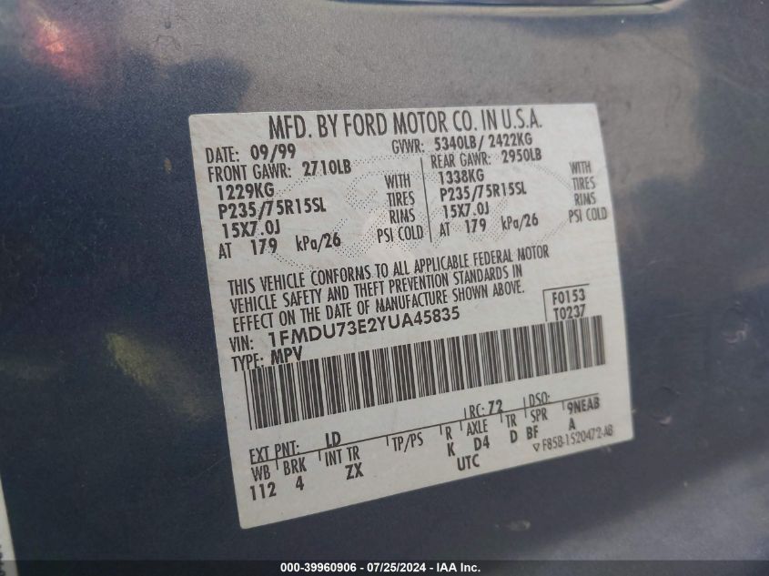 2000 Ford Explorer Xlt VIN: 1FMDU73E2YUA45835 Lot: 39960906