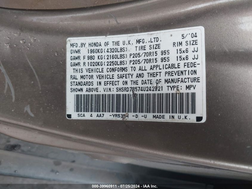 2004 Honda Cr-V Lx VIN: SHSRD78574U242921 Lot: 39960911