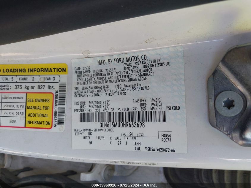 2017 Lincoln Mkz Hybrid Reserve VIN: 3LN6L5MU0HR663698 Lot: 39960926