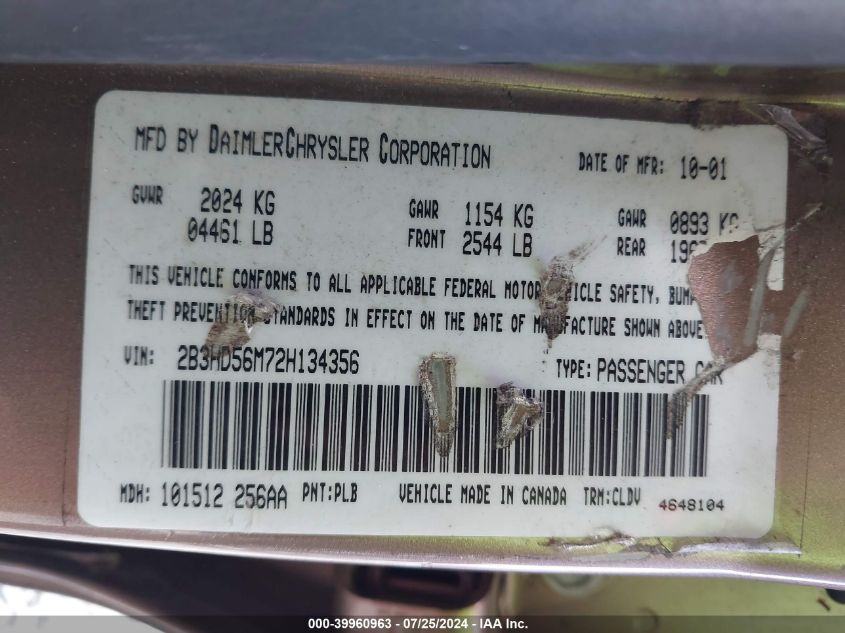 2002 Dodge Intrepid Es VIN: 2B3HD56M72H134356 Lot: 39960963