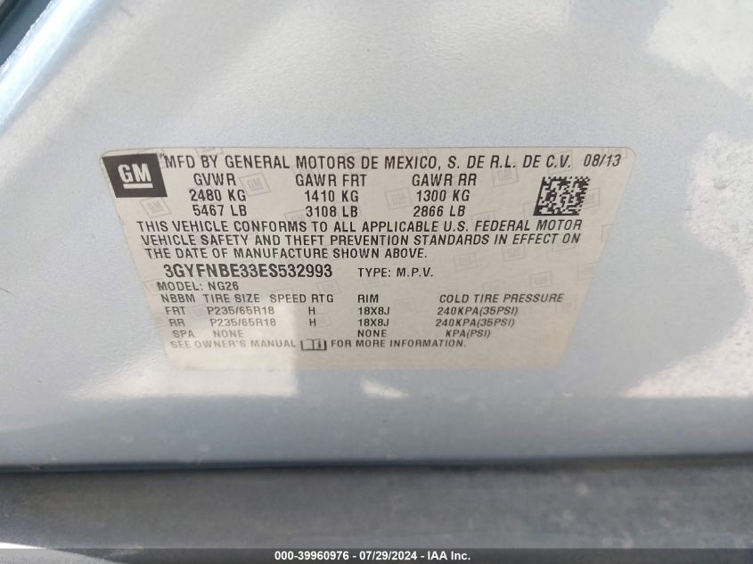 2014 Cadillac Srx Luxury Collection VIN: 3GYFNBE33ES532993 Lot: 39960976