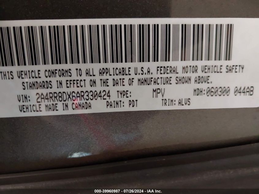 2010 Chrysler Town & Country Touring Plus VIN: 2A4RR8DX6AR330424 Lot: 39960987